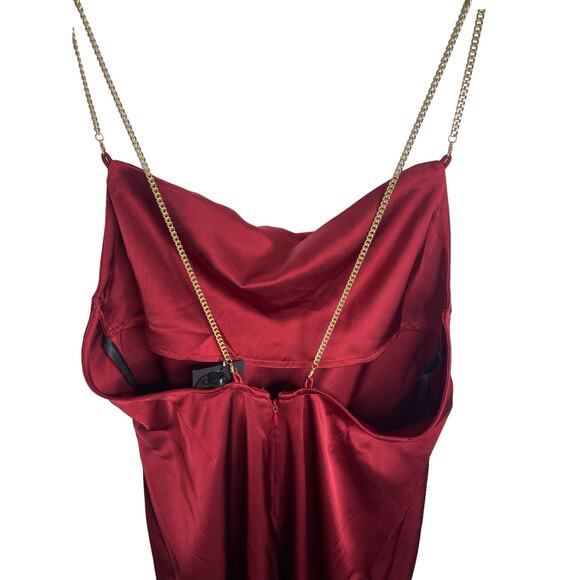 NBD Alessi Gown Satin Ruched Cowl Neck Chain Straps Side Slit Burgundy Size XS - Picture 9 of 13